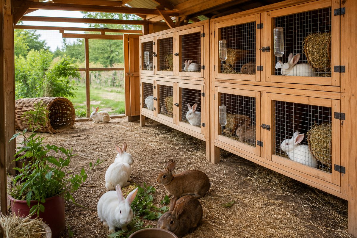 A tidy homestead rabbitry with clean wooden-and-wire hutches and healthy white and brown rabbits, hay racks and water bottles