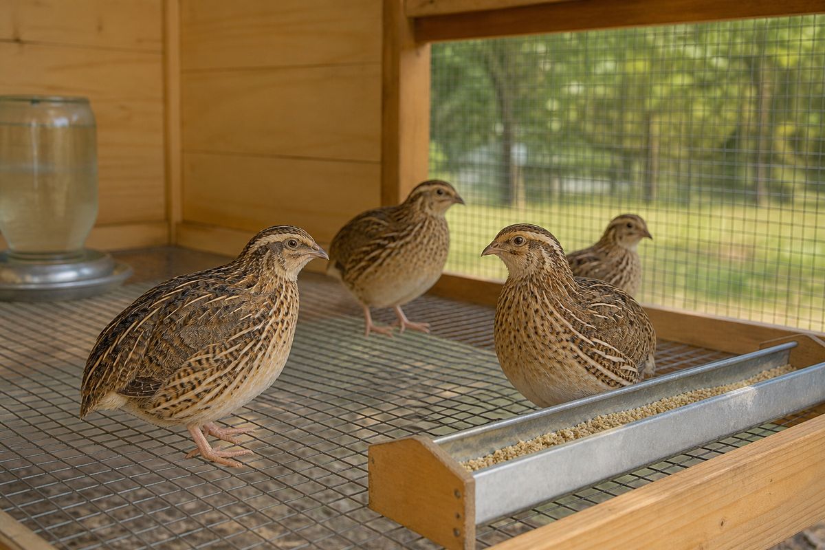A small group of brown speckled Coturnix quail in a clean wooden-framed quail hutch with fine wire floor and a feeder