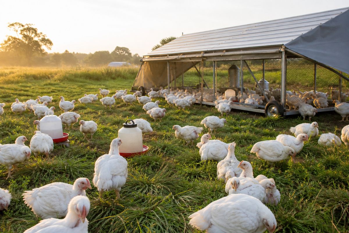 White Cornish Cross meat chickens on fresh pasture around a portable shelter with feeders and waterers, homestead field