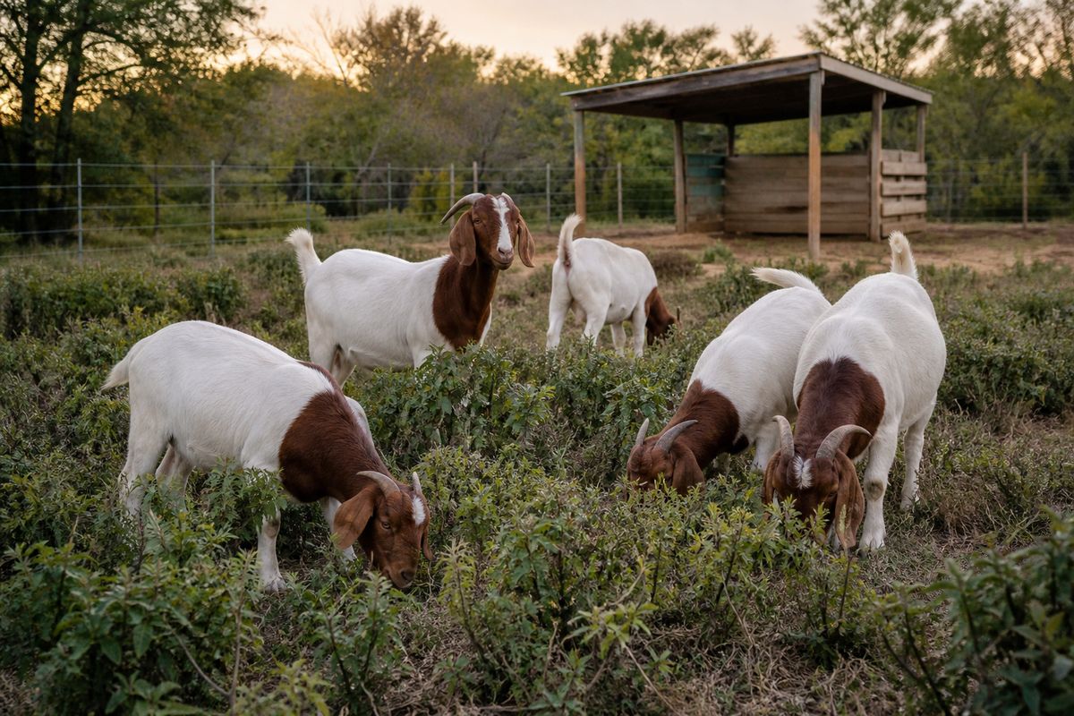 A small herd of Boer meat goats with brown heads and white bodies browsing in a fenced pasture with brush