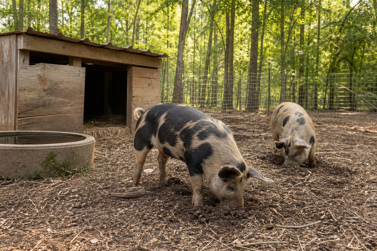 Two feeder pigs rooting happily in a fenced wooded pasture paddock beside a simple wooden pig shelter and a water trough