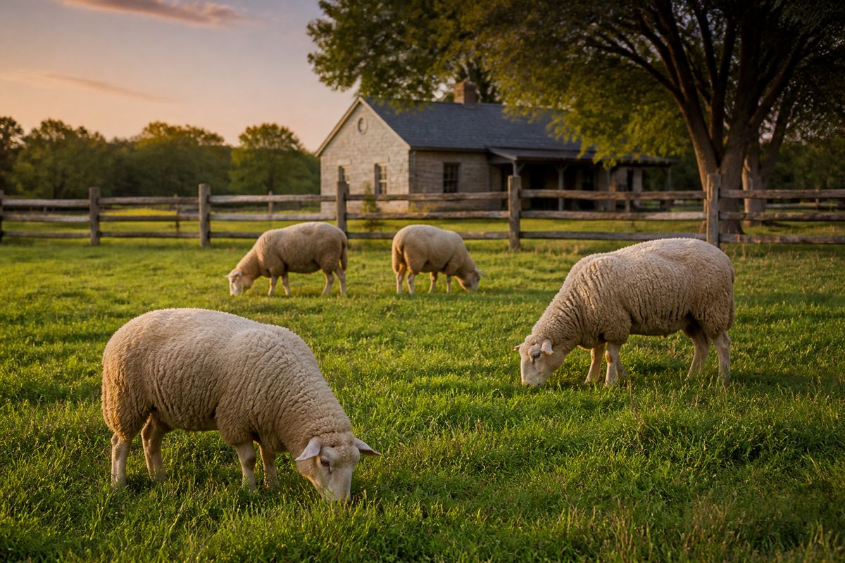 Sheep grazing a green pasture beside a split-rail fence and farmhouse