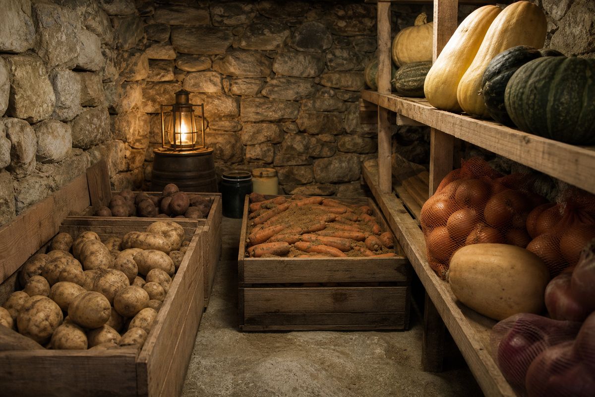 Inside a cool stone root cellar with wooden bins of potatoes, carrots in sand