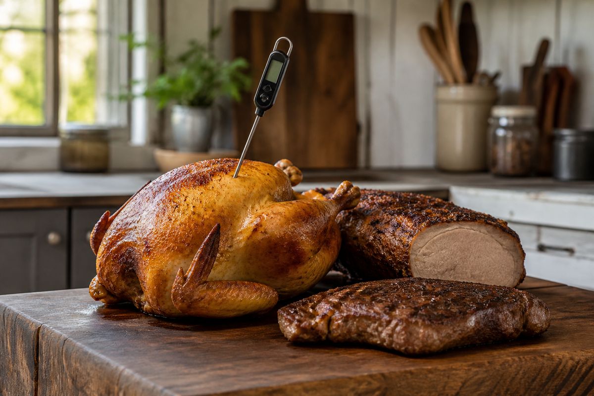 A digital instant-read meat thermometer inserted into a roasted whole chicken on a cutting board