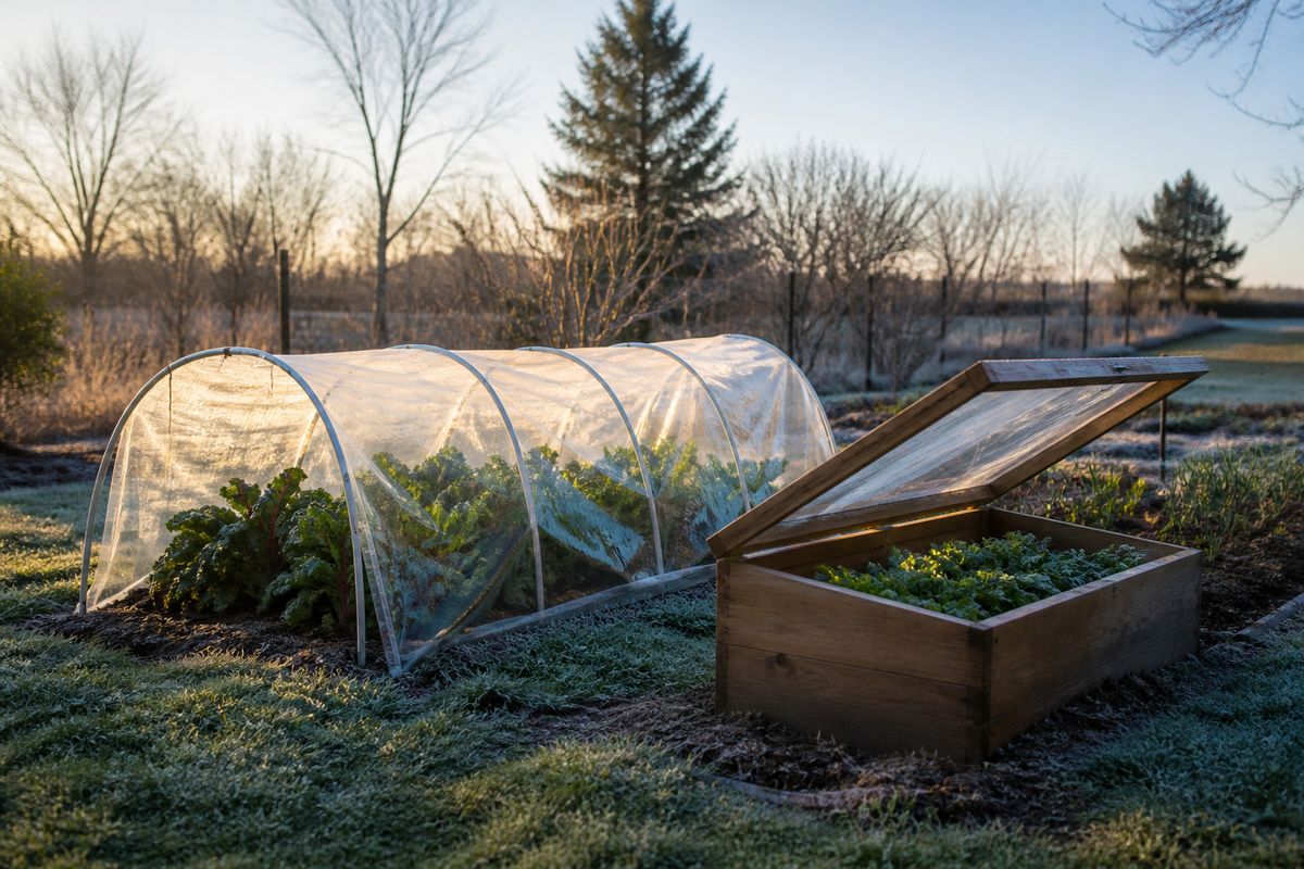 A hoop house and a cold frame in a vegetable garden
