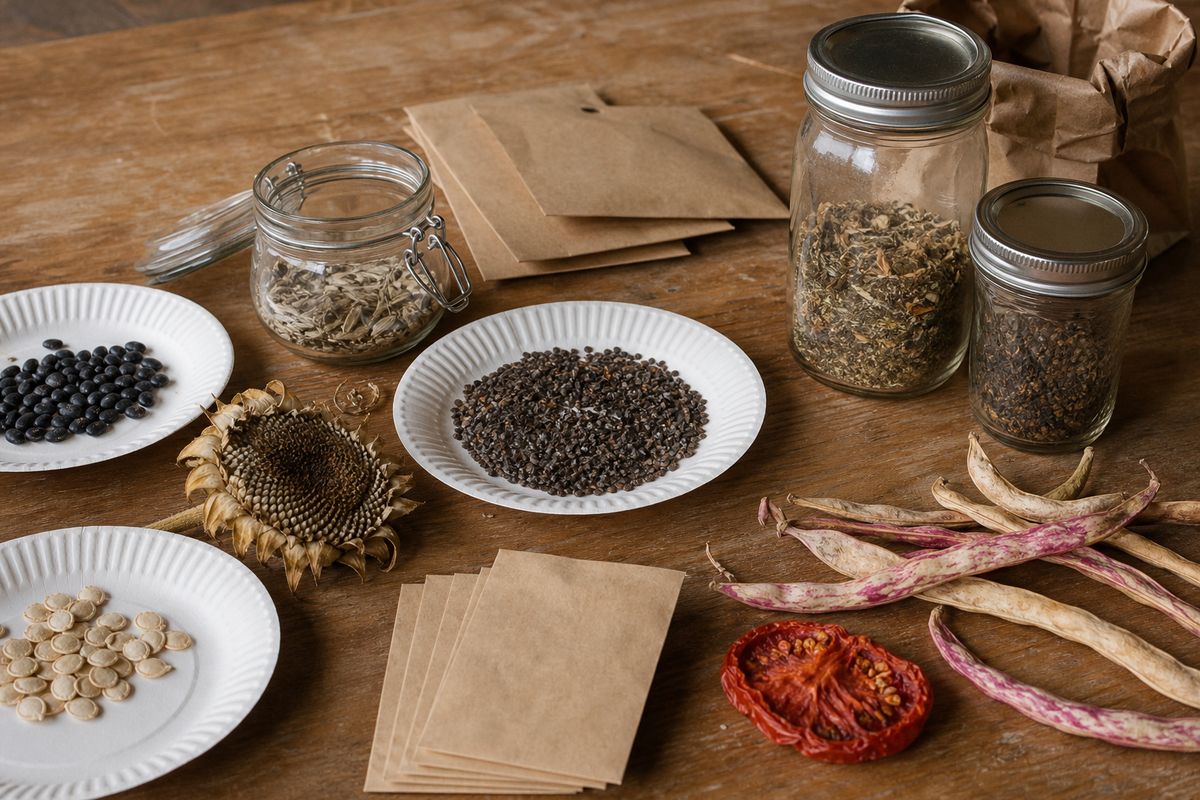 Saved vegetable seeds drying on paper plates and in small blank envelopes and glass jars on a wooden table, bean pods
