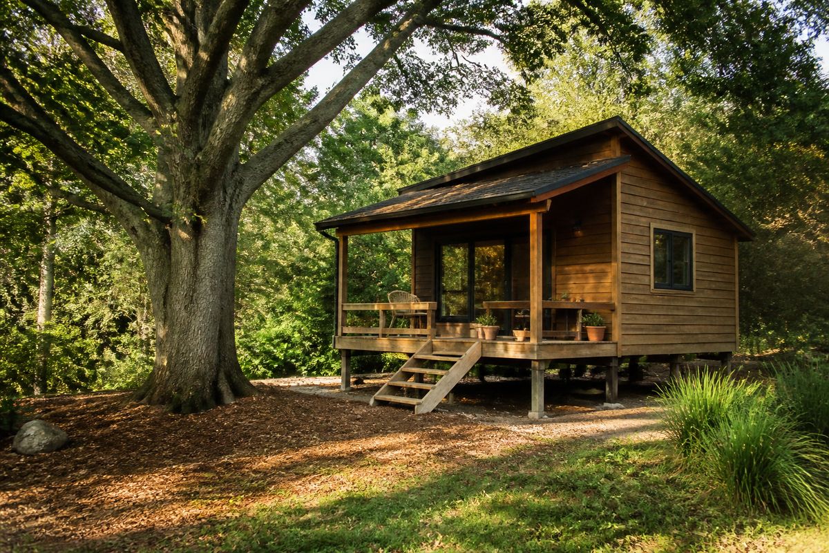 A small wooden backyard cabin on pier foundations built beside a large healthy oak tree