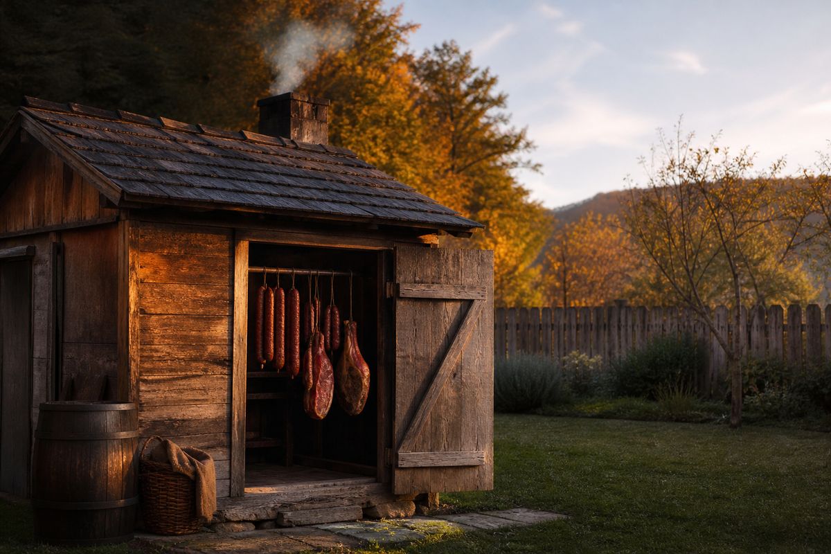 A small wooden smokehouse with cured meats