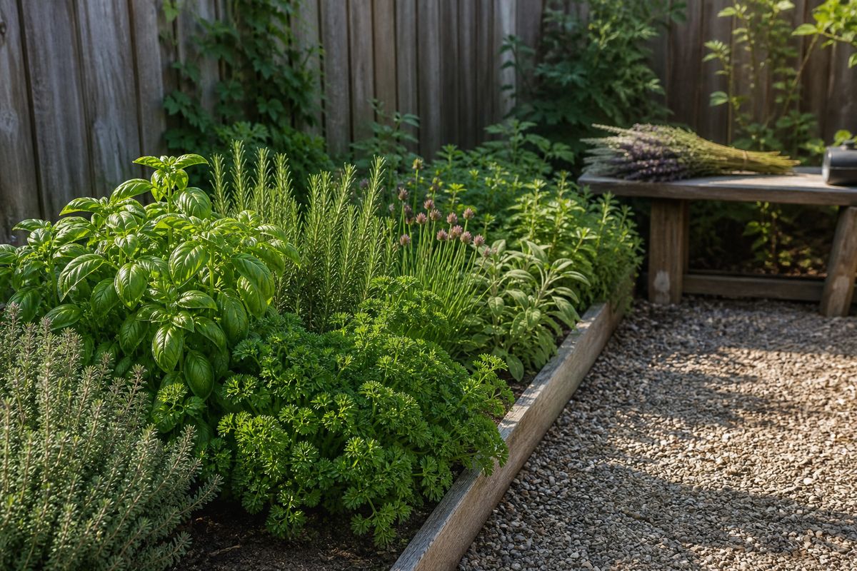 A sunny backyard herb garden bed full of basil, rosemary, thyme, sage, chives and parsley beside a gravel path