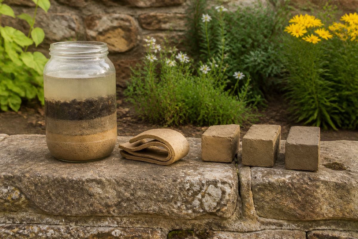 A clear glass jar of soil and water settled into distinct sand, silt and clay layers on a garden wall