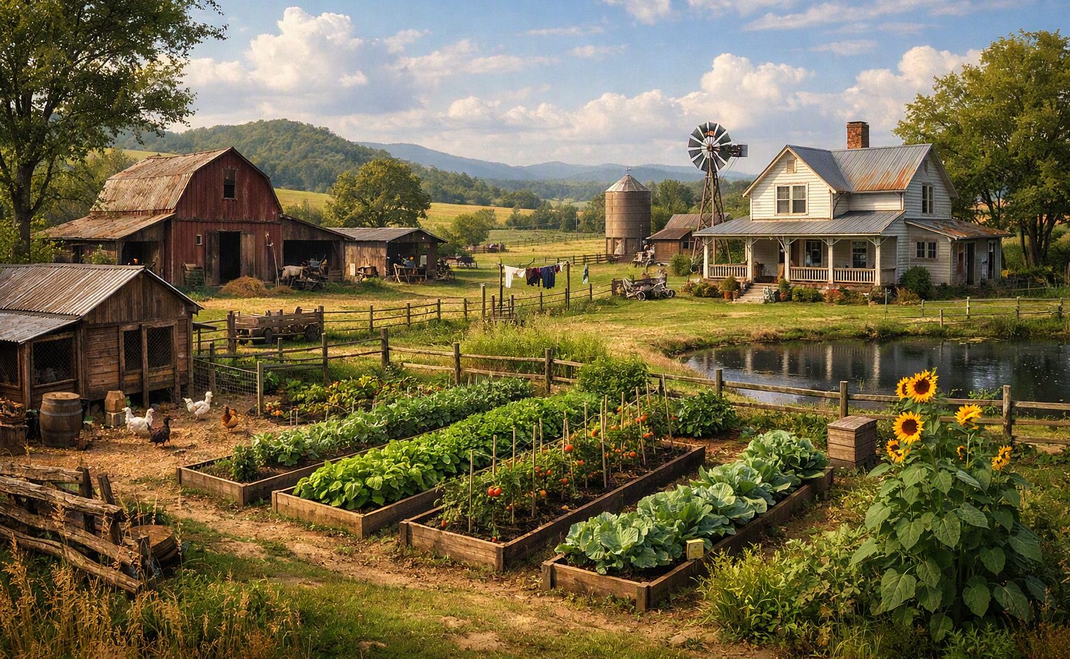 A homestead at golden hour, with a barn, windmill, garden beds, chickens, and a farmhouse